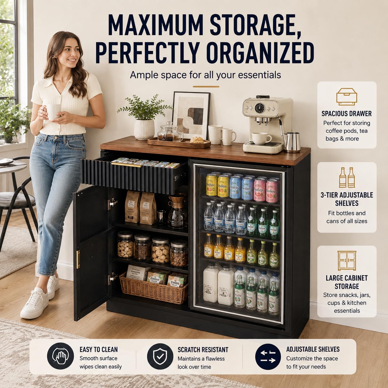 냉장고 공간과 전원 콘센트가 있는 커피 바 수납장, 서 - Home Bar And Fridge 리뷰 및 가격